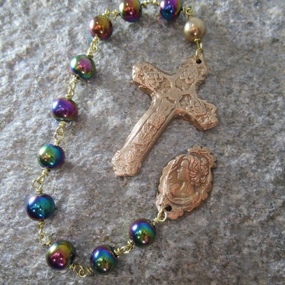 Rainbow Bronze Pocket Rosary, Multi Color Hematite Stone - Picture 1 of 9